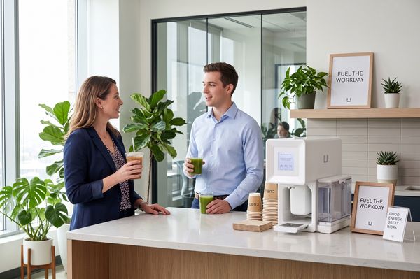 Coworkers enjoying CUBO drinks in an office break room